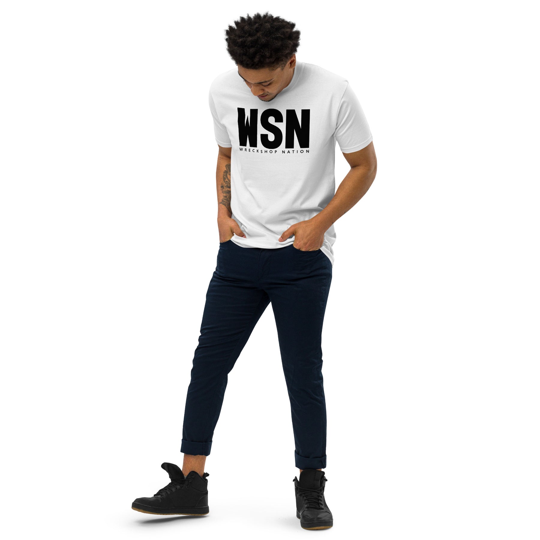 Men’s premium White Wreckshop Nation T-Shirt